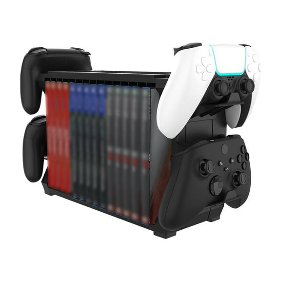 Game Cartridge Storage Stand for PS5/PS4/XBOX/Switch, Blu Ray Movie Discs - with 4 Controller Holder - Up To 15 Disc Rack-Black
