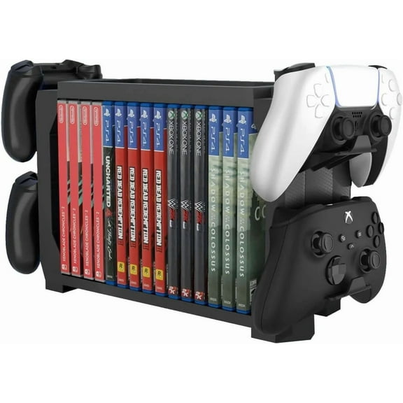 Games Storage Tower (Up to 15 CD Disc) For PS5 Game Disk Rack and Controller Stand Holder For Xbox Series X/Nintendo Switch/PS4 Controller Stand Holder Can hold up to 4 controller