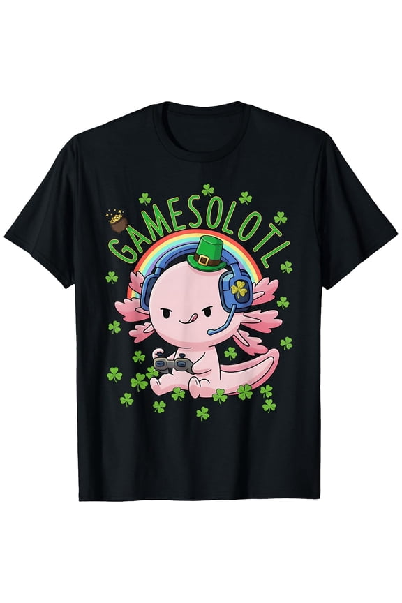 Gamesolotl Cute Axolotl Gamer Leprechaun Kawaii St Patricks Boys Girls T-Shirt, T-Shirt for Kids Youth, 180gsm, 100% Cotton