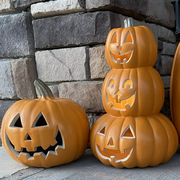 Gamexcel 10" + 14" Pre-Lit Jack O'Lanterns - Indoor/Outdoor Halloween Decorations for Party & Home, Lighted Pumpkin, 2 Pack, Orange