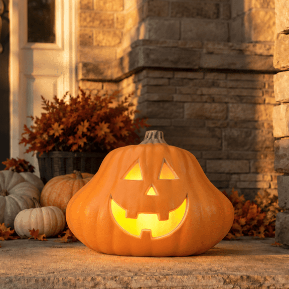 Gamexcel 10 x 14 in Light Up Jack O Lantern, Pre-Lit Halloween Pumpkin with Warm White LED for Indoor Outdoor Porch Decor, Orange