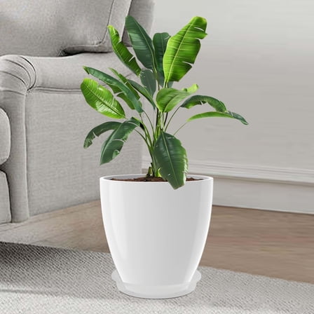 Gamexcel 12inch Round White Resin Planter with Drainage Holes Modern indoor/Outdoor Garden Patio Deck