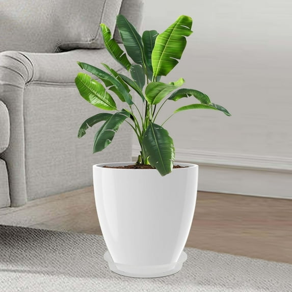 Gamexcel 12inch Round White Resin Planter with Drainage Holes Modern indoor/Outdoor Garden Patio Deck