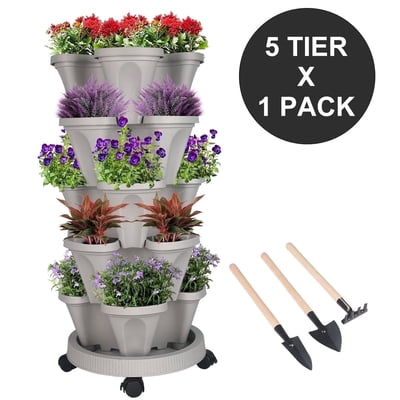 Gamexcel 13.6" x 13.6" x 29" 5-Tier Gray Polyethylene Stackable Planter with Wheels and Tray