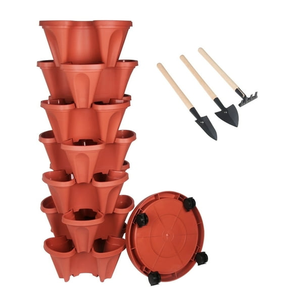 Gamexcel 13.6" x 13.6" x 41" Novelty Red Polyethylene 7 Tier Stackable Strawberry Planter with Tray