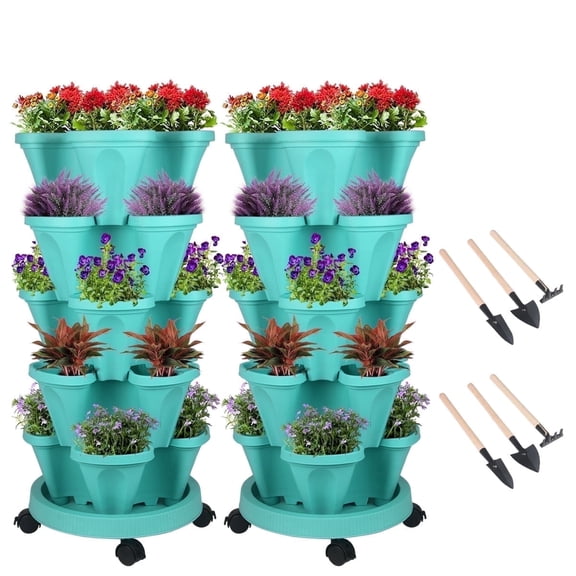 Gamexcel 15” x 15” 5-Tier Teal Polypropylene Planters with Wheels and Tools (2 Count)
