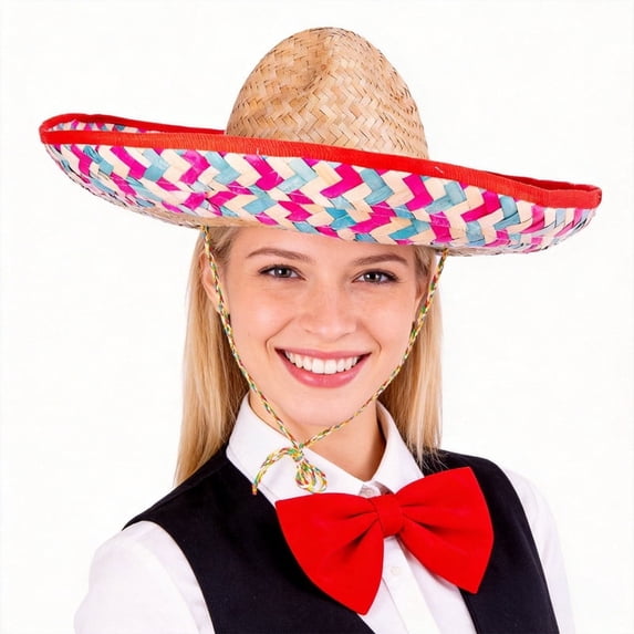 Gamexcel Straw Sombrero Hat, 18 in Wide Brim Fiesta Party Hat for Cinco de Mayo, Costume and Party Favor, Red