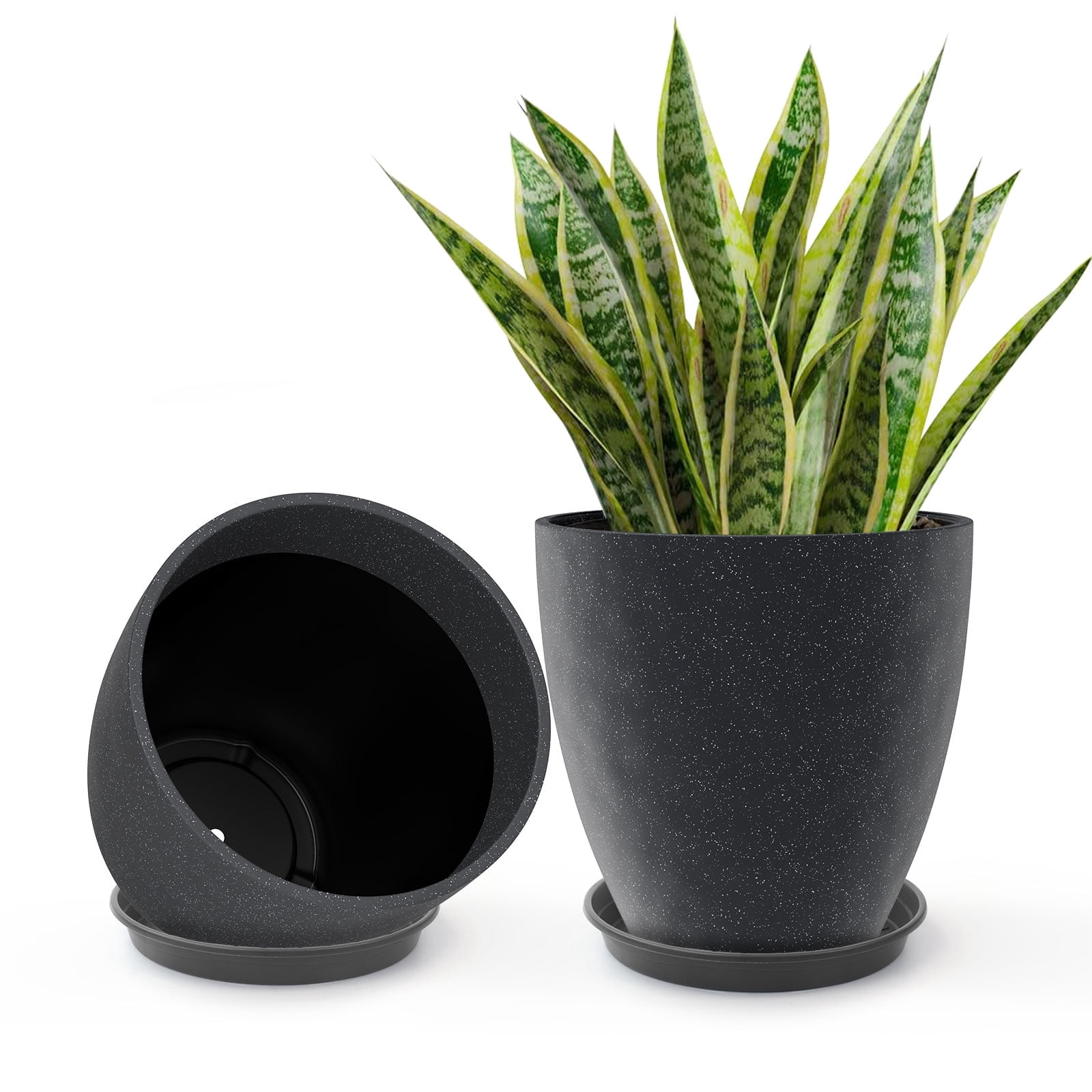 Gamexcel 2-Pack 12" Round Heavy Duty Planters Resin Vase with Drainage Holes & Saucer, Indoor/Outdoor Flower Pots for Patio, Balcony, Garden (Black)