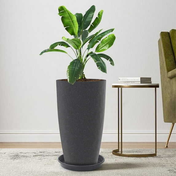 Gamexcel 21 inch Tall Planter Set of 2, Large Plastic Round Planter Resin Vase for Outdoor Indoor Garden Patio Front Door, Black