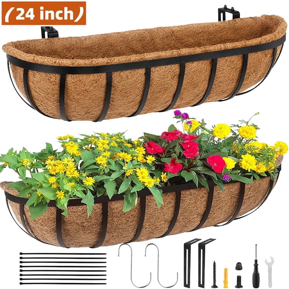 Gamexcel 24" Horse Troughs Deck Window Box Railing Planter with Coco Fiber Liner Metal Fence Balcony Patio Porch Over Rail, 2-Pack