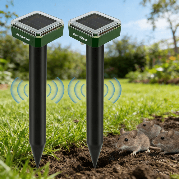 Gamexcel 2Pack Solar Powered Mole Deterrent for Yard, Ultrasonic Gopher Scarer, Waterproof Sonic Animal Chaser for Garden