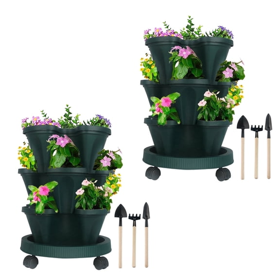 Gamexcel 3-Tier Vertical Stackable Plastic Strawberry Herb and Flower Planters with Wheels - Green,2 Set