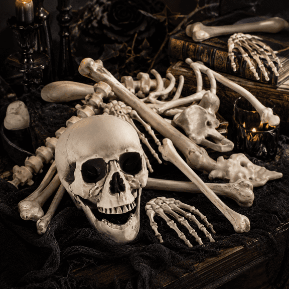 Gamexcel 35-Piece Halloween Skeleton Bones Set with Storage Bag, Life-Size Plastic Skull and Body Parts for Graveyard Yard Decor