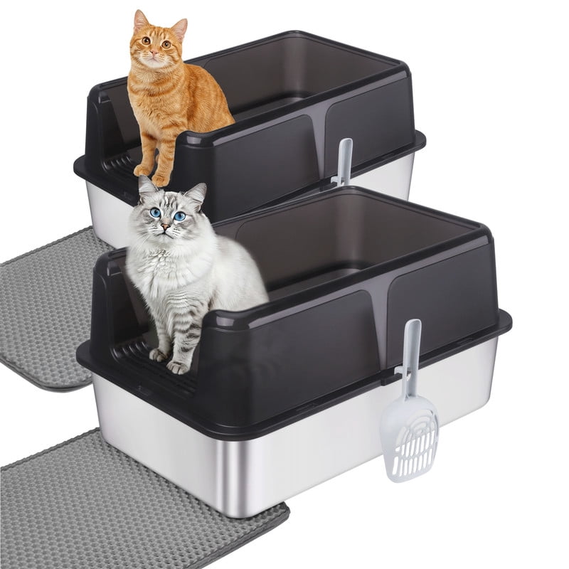 Gamexcel 38L Stainless Steel Cat Litter Box with Black Lid, Extra Large Enclosed Metal Litter Box for Big & Multi Cats, High Sides Leak-Proof Easy Clean, 2 Pack