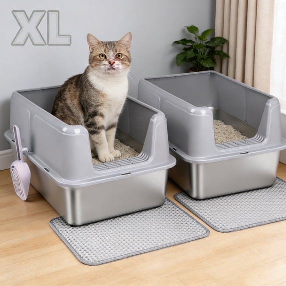Gamexcel 38L Stainless Steel Cat Litter Box with Lid, Extra Large Enclosed Metal Litter Box for Big & Multi Cats, High Sides Leak-Proof Easy Clean, 2 Pack