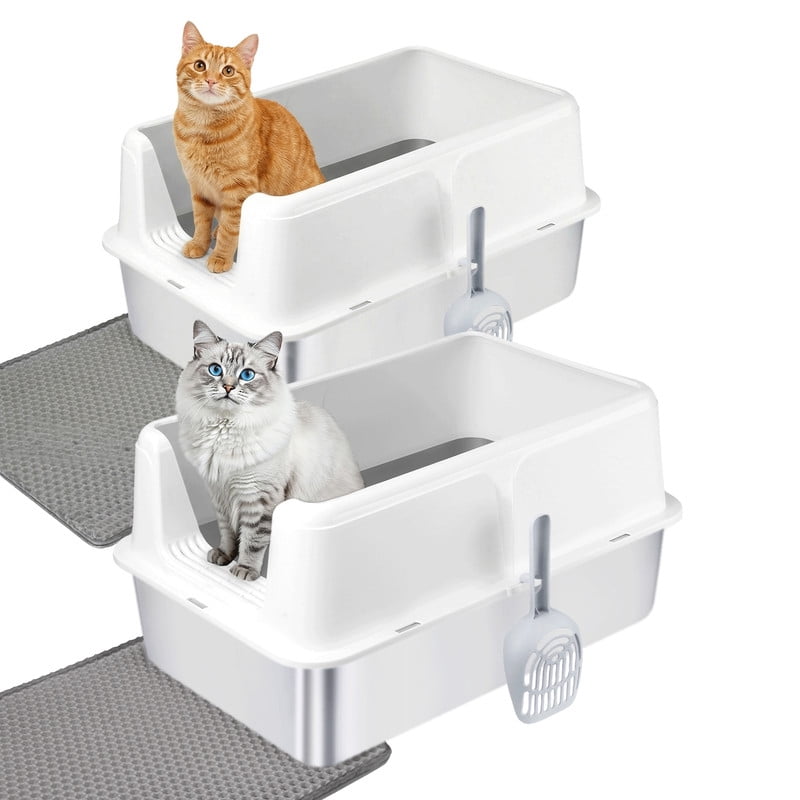 Gamexcel 38L Stainless Steel Cat Litter Box with White Lid, Extra Large Enclosed Metal Litter Box for Big & Multi Cats, High Sides Leak-Proof Easy Clean, 2 Pack