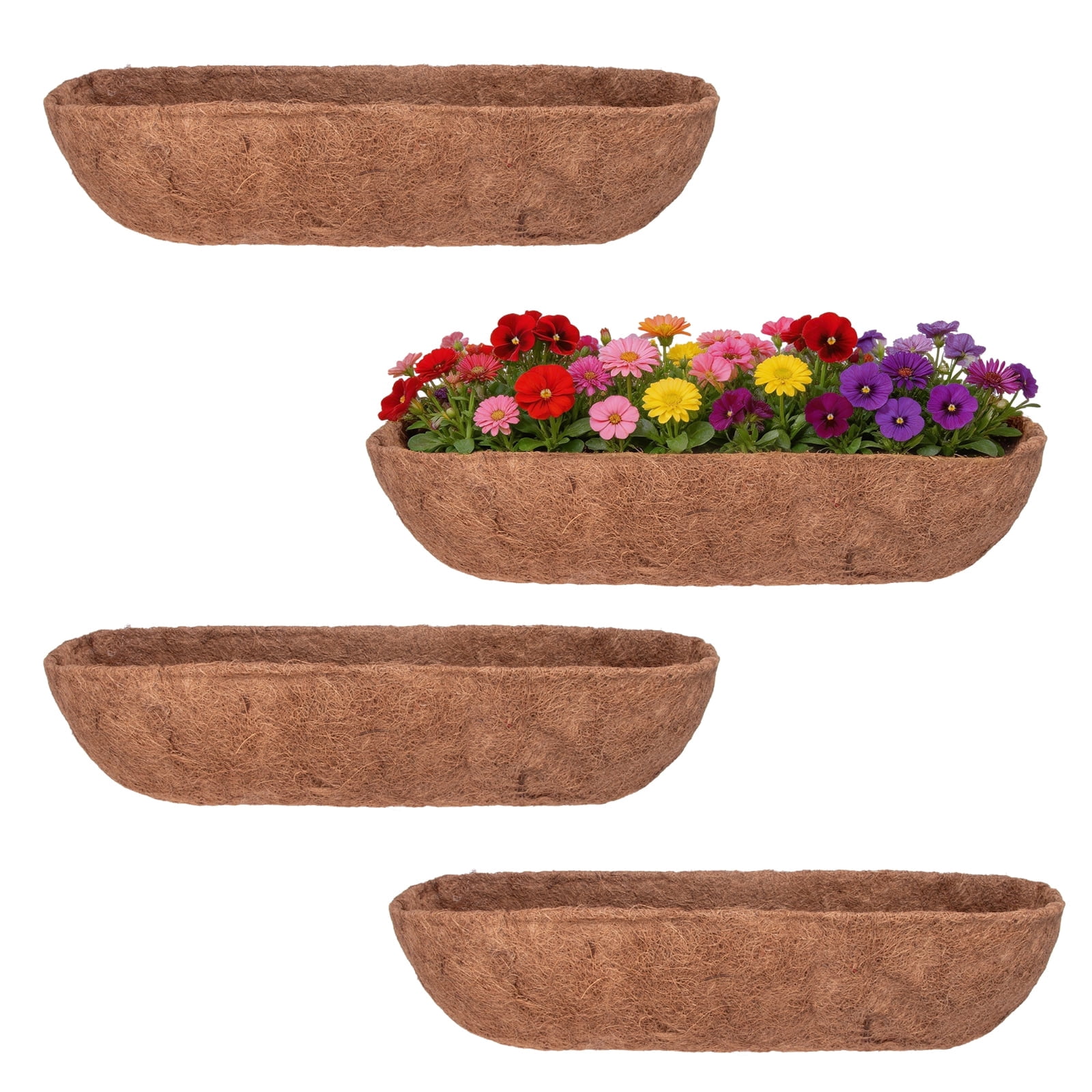 24" Coconut Coir Planter Liner 4 Pack, Preformed Coco Fiber Replacement for Window Box, Deck Railing & Hanging Baskets, Natural Plant Basket Insert