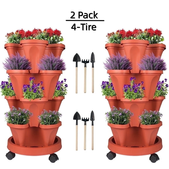 Gamexcel 4-Tier Red PVC Stackable Plant Planter with Tools (2 Count)