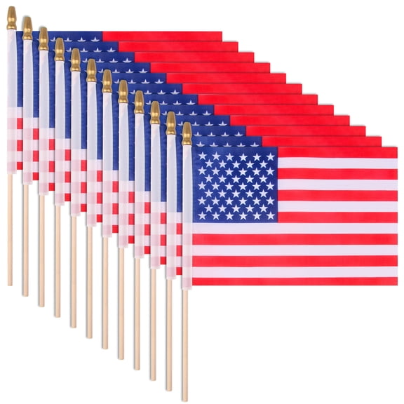 GameXcel 12 Pack Mini American Flags on Wooden Stick, 4x6 Inch Handheld US Flag, 4th of July Patriotic Decor