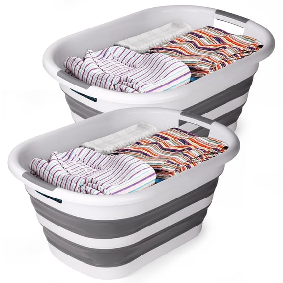 Gamexcel 40L Collapsible Laundry Basket, Foldable Plastic Clothes Hamper with Handles, Space-Saving Rectangular Laundry Bin, Gray, 2 Pack