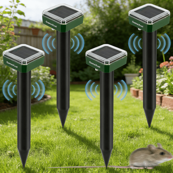 Gamexcel 4Pack Solar Ultrasonic Mole Deterrent Gopher Hawk for Groundhog Deterrent Snake Rodent Spikes Chaser for Outdoor Lawn Garden