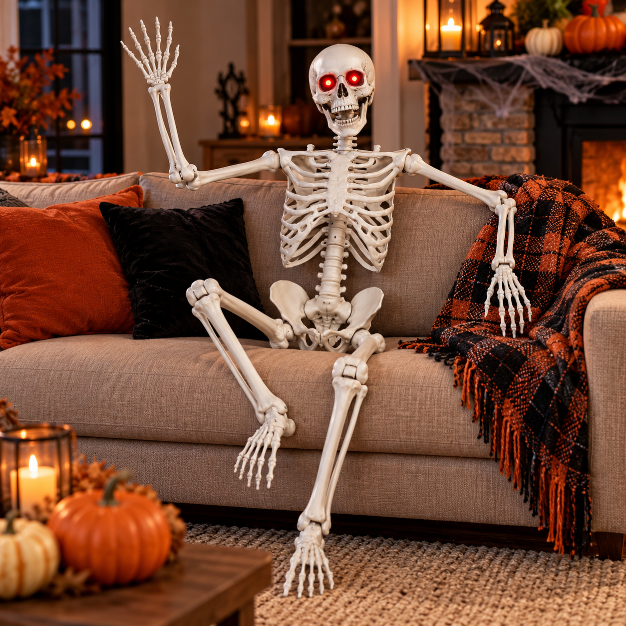 Gamexcel 5.5 ft Poseable Halloween Skeleton Decoration, Life Size Hanging Skeleton with LED Glowing Eyes & Creepy Sound for Haunted House Decor