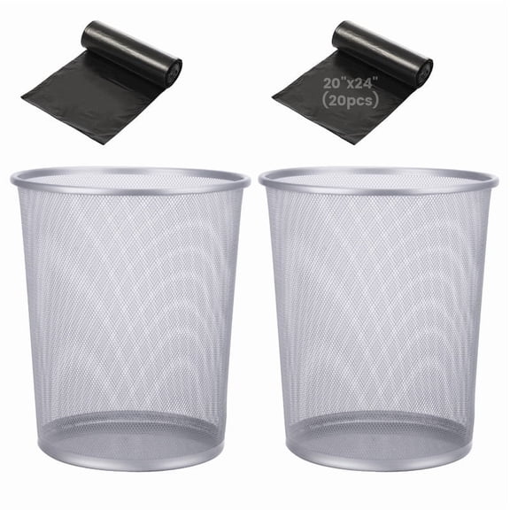 Gamexcel 5-Gallon Metal Mesh Trash Can 2 Pack, Round Open Top Silver Waste Basket for Office, Bedroom and Bathroom