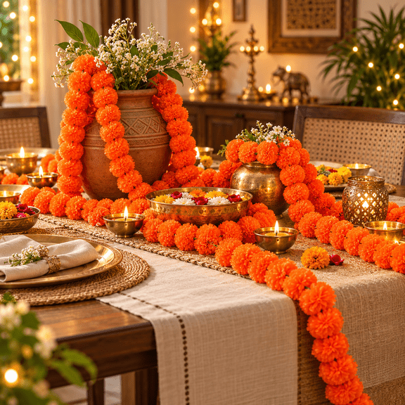 Gamexcel 5-Pack Artificial Marigold Garland, 25 ft Total, Reusable Faux Flower Decor for Diwali, Pooja, Weddings, Dark Orange