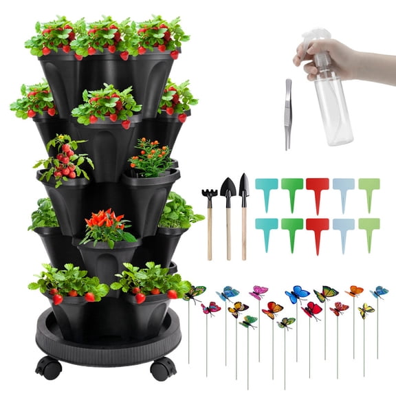 Gamexcel 5 Tier Stackable Vertical Garden Planter Tower with Wheels and tools, Black Indoor Outdoor Herb Strawberry and Vegetable Planter