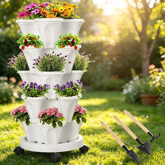 Gamexcel 5-Tier Vertical Garden Planter with Wheels, Stackable White Strawberry Herb Vegetable Pots