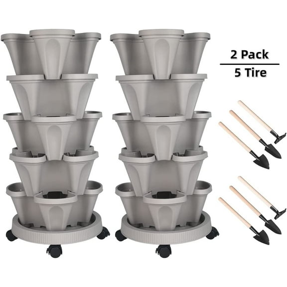 Gamexcel 5 Tier Vertical Planter 2 Set Gray Plastic 5 Pots with Wheels