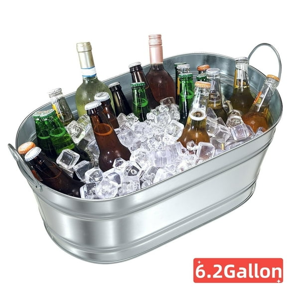 Gamexcel 6.2 Gallon(23L) Metal Galvanized Beverage Tub Seafood Ice Bucket for Parties, 22.5" L x 12.5" W x 8" H