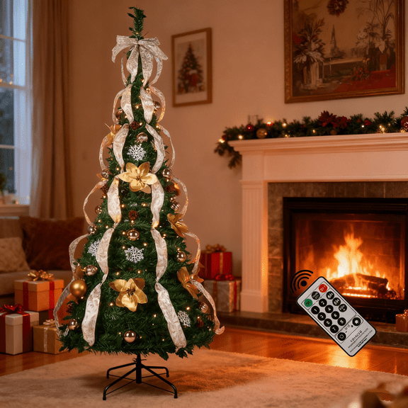 Gamexcel 6.5FT Pop-up Artificial Christmas Tree, Holly Leaf Design, Gold Flower Accents & Ribbon Decorations, 200 Multicolor LED Lights, Easy Setup Xmas Tree