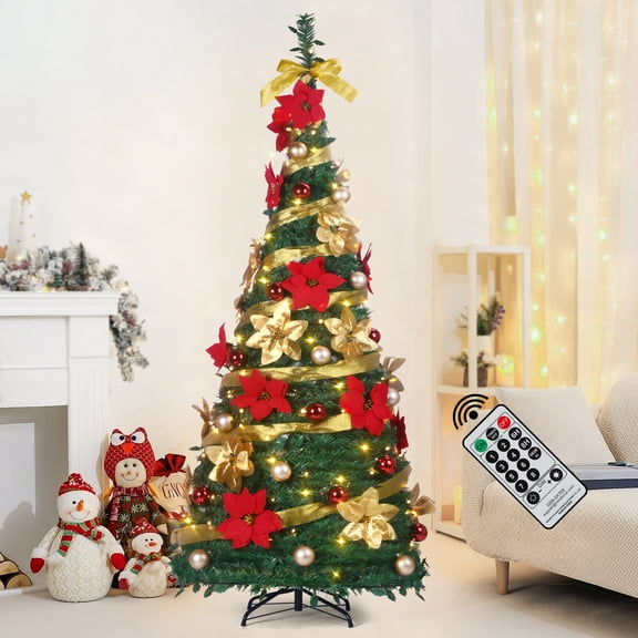 Gamexcel 6 FT Pre Lit Decorated Christmas Tree Pop Up Christmas Tree and Warm White LED Lights,Holiday Party Decorations,Gold