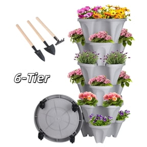 Gamexcel 6 Tier Vertical Gardening Stackable Planter with Wheels for Strawberries, Flowers, Herbs, Vegetables - Gray
