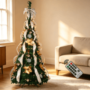 Gamexcel 6 ft Champagne Pre-Lit Pop Up Christmas Tree, 200 LED Lights, Remote Timer, Pre-Decorated, Collapsible