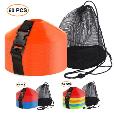 Gamexcel Soccer Cones 60 Pack, Flat Disc Agility Markers with Carry Bag and Strap for Kids Youth Sports Training, Orange