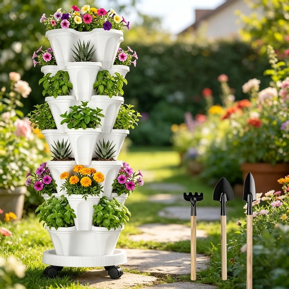 Gamexcel 7-Tier Vertical Garden Planter with Wheels, Stackable White Strawberry Herb Vegetable Pots
