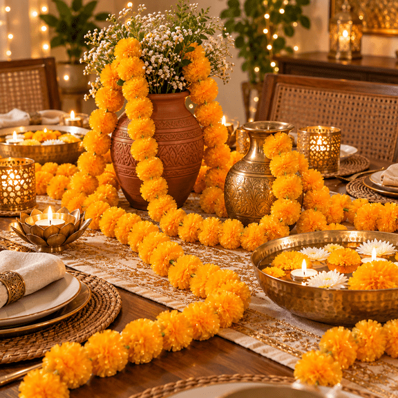 Gamexcel Artificial Marigold Garland, 5 Pack, 25 ft Total Orange Flower Garland for Diwali, Indian Wedding and Party Decor