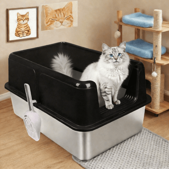 Gamexcel Extra Large 38L Stainless Steel Cat Litter Box Metal Litter Pan with Scoop and Mat Set - Odor, Stain and Rust Resistant, Easy to Clean, Black