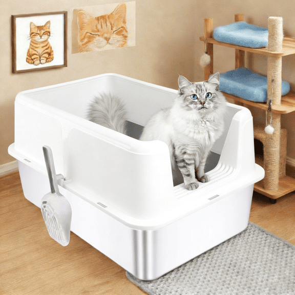 Gamexcel Extra Large 38L Stainless Steel Cat Litter Box Metal Litter Pan with Scoop and Mat Set - Odor, Stain and Rust Resistant, Easy to Clean, White
