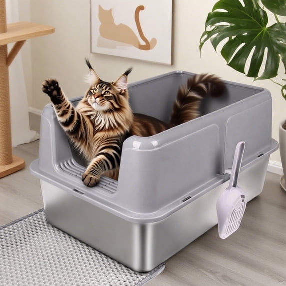 Gamexcel Extra Large 38L Stainless Steel Cat Litter Box Metal Litter Pan with Scoop and Mat Set - Odor, Stain and Rust Resistant, Easy to Clean, Gray