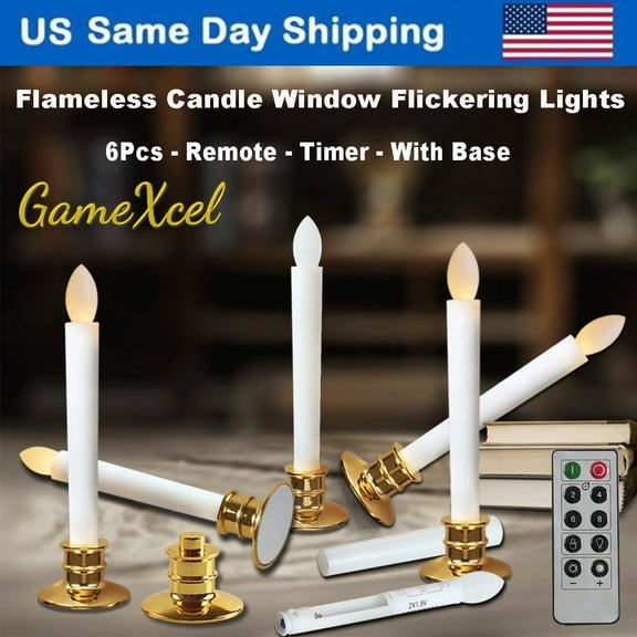 Gamexcel Flameless LED Window Candle Lights, Gold Base, Remote Timer, Warm White, 6 Count