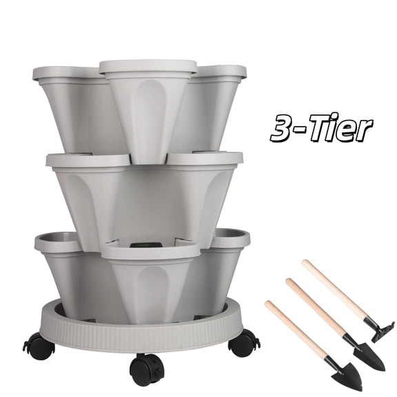 Gamexcel Flower Pot - 3-Tier Indoor Outdoor Vertical Stackable Plastic Herb and Flower Planters - Gray