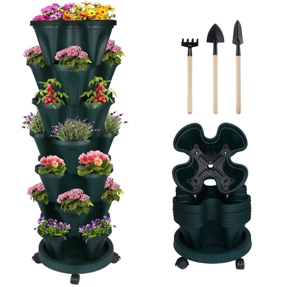 Gamexcel 7-Tier Stackable Vertical Garden Planters, Green Plastic Herb and Strawberry Planters with Wheels