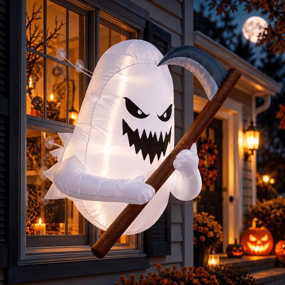 Gamexcel Halloween Inflatable Window Ghost, 3D Angry Window Crasher with LED Lights, Built-In Blower, 8 Suction Cups, White