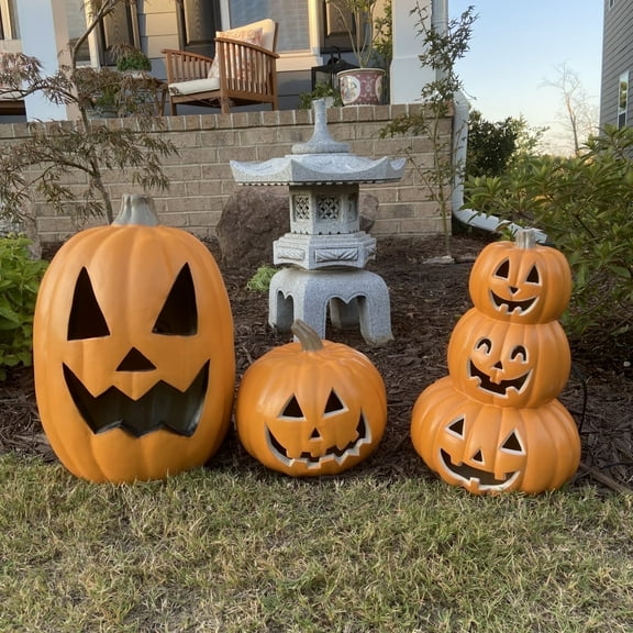 Gamexcel Jack O Lantern Large Halloween Plastic Pumpkin Lights Indoor Outdoor Decoration, Set of 3