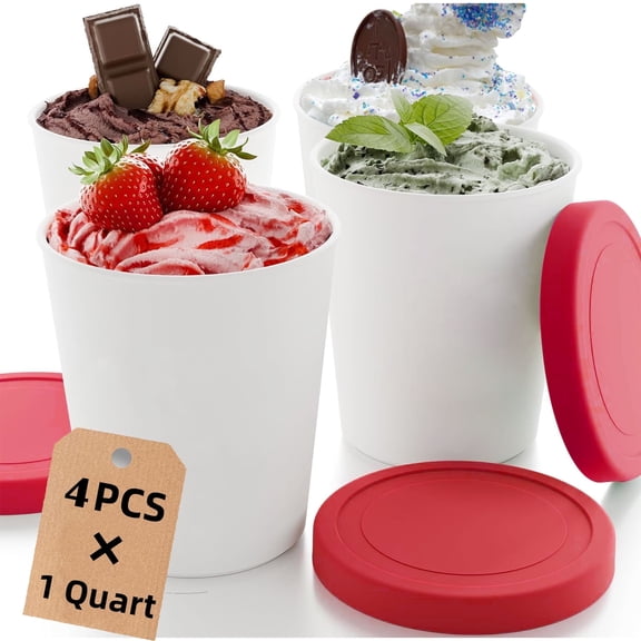 Gamexcel Ice Cream Containers 4 Pack Red, 1 Quart Each, Reusable Freezer Tubs with Silicone Lids, BPA Free