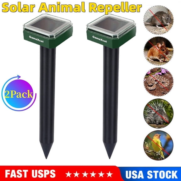 2Pack Solar Ultrasonic Mole Repellent Ultrasonic for Groundhog Repellent Snake Rodent Gopher Spikes Chaser Pest Control for Outdoor Lawn Garden