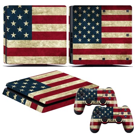 Vinyl Skin Compatible with Sony PS4 Slim Console and 2 Dualshock Controllers Protective Sticker Cover Decal vinilo Calcomanía - Battle Torn Strips Flag